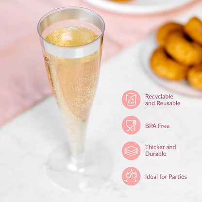 Prestee Set of 24 Silver Glitter Plastic Champagne Flutes - 4.5 oz Capacity - Shatterproof Durable Disposable Glasses - Elegant Design - Ideal for Weddings, Cocktail Parties, and Outdoor Celebrations