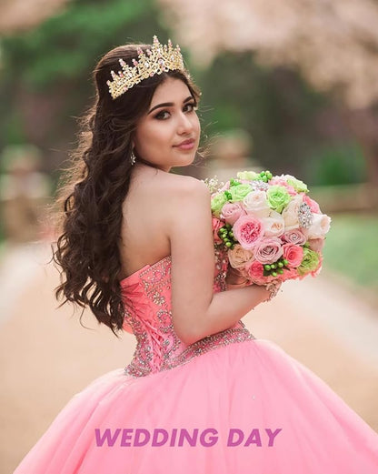 TOBATOBA Gold Pink Crown, Wedding Tiaras and Crowns for Women, Coronas Para Ramos Buchones De Flores, Queen Crown Royal Princess Quinceanera Headpieces for Birthday Prom Pageant Halloween Cosplay