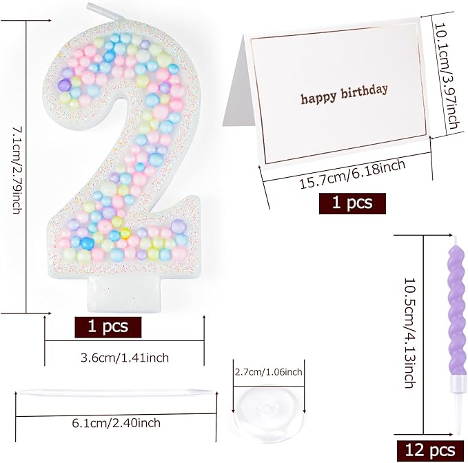 Number Birthday Candle with 12PCS Spiral Candles and A Birthday Card - Perfect for Celebrating Birthdays (Macaron Glitter, Number 2)
