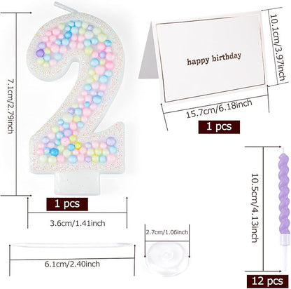 Number Birthday Candle with 12PCS Spiral Candles and A Birthday Card - Perfect for Celebrating Birthdays (Macaron Glitter, Number 2)