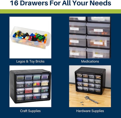 Akro-Mils 16-Drawer Plastic Drawer Storage Cabinet for Garage Organization, Beads, Makeup Organizer, Building Bricks Storage, Teacher Toolbox, 10-1/2-Inch W x 6-1/2-Inch D x 8-1/2-Inch H, 10116 White