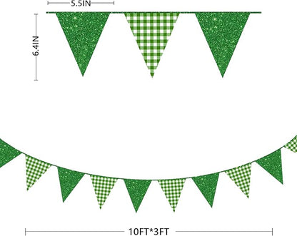 Glitter Green Party Pennant Banner Flag Green Buffalo Plaid Hanging Paper Triangle Bunting for Birthday Baby Shower Christmas Holiday Wedding Bridal Shower St Patrick's Day Party Decorations Supplies