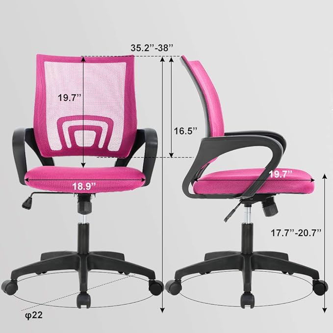 BestOffice | Ergonomic Office Chair | Mid-Back Swivel Desk Chair | Breathable Backrest & Lumbar Support | Adjustable Height | Sponge Seat | Rolling Wheels | Pink | for Adults & Women