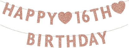 Rose Gold 16th Birthday Banner, Glitter Happy 16 Years Old Boy or Girl Party Decorations, Supplies