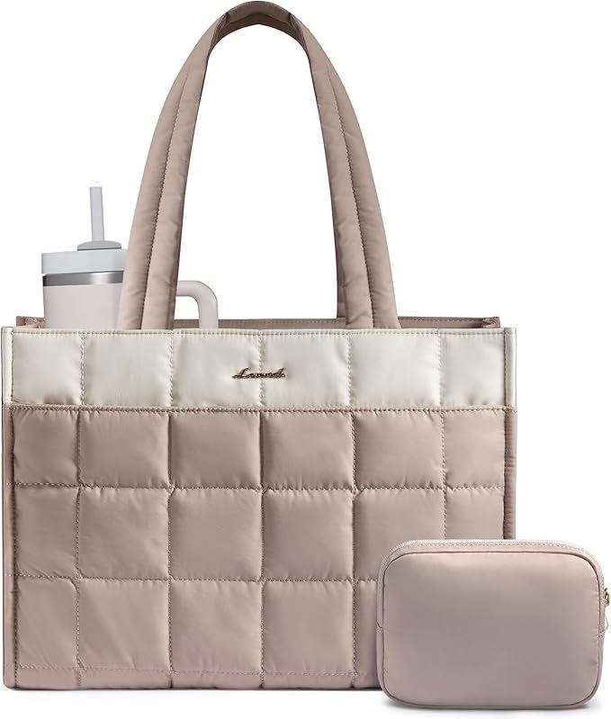LOVEVOOK Tote Bag for Women, Puffer Work Handbag 15.6 Inch Laptop Purse for Nurse Teacher, Large Quilted Travel Tote Shoulder Bag with Zipper for College Office Clinical Gym,‌ Cream-Blush