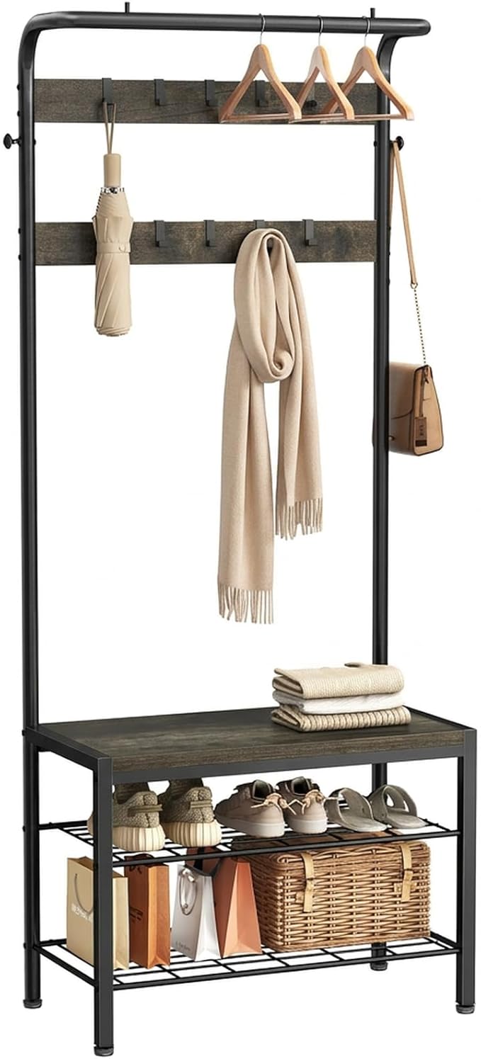DUMOS Hall Tree with Shoe Bench and Coat Rack, Entryway Bench with Shoe Storage and Hooks, 4-in-1 Coat and Shoe Rack for Entryway, Mudroom Storage Organizer with Shelves, Grey