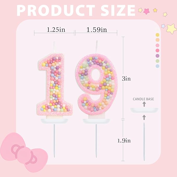 Birthday Candles - Number 19 Candle, Colorful Macaron Candles, 19 Birthday Decorations for Girls, Cake Decorations, Sweet Theme Party Supplies (Pink)