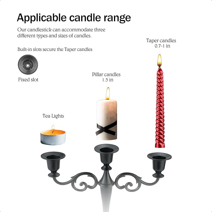 Metal Candle Holders 5 Wicks Black Candle Holders for Candlesticks Taper Candles（10.6 inch Tall Candelabra, for 1/2-1 inch Pillar Candles Diameter Each）,Candle Stand Decoration