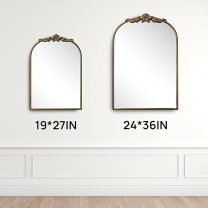 Ornate Baroque Vintage Gold Mirror - 24"X36" Arched Antique Brass Mirror with Full Metal Frame - Perfect for Entryway, Fireplace, Living Room, Hallway, or Bathroom Décor
