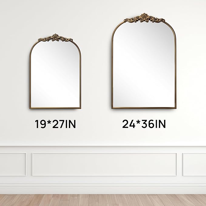 Ornate Baroque Vintage Gold Arched Wall Mirror 19"x27" – Antique Brass Vertical Decorative Mirror with Full Metal Frame, Ideal for Bedroom, Bathroom, Entryway, or Hallway