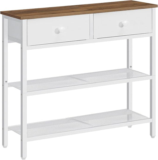HOOBRO 29.5" Narrow Console Table with 2 Fabric Drawers, Sofa Table, Small Entryway Table with 3-Tier Storage Shelves, Behind Couch Table, for Living Room, Hallway, Walnut and White WH72XG01