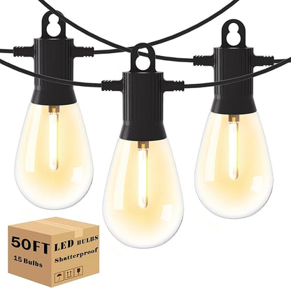 Outdoor String LED Patio Lights - 50FT, IP65 Waterproof Outside Patio Lights with 16 (15+1) S14 LED Bulbs for Bistros Backyard Gazebo Porch Party, 2700K Warm White, 131 Strands Connectable