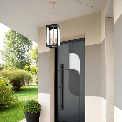 BONLICHT Black Outdoor Pendant Light Fixture 3 Light Modern Outdoor Chandelier with Clear Glass,Brushed Brass Outside Porch Lights Ceiling Hanging Exterior Pendant Lighting Fixture for Gazebo Foyer