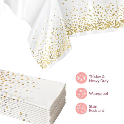 Prestee 12-Pack White and Gold Tablecloth - 54x108 Inch - Disposable Table Covers for Party, Weddings, and Holidays - Waterproof Christmas Tablecloth, Stain-Resistant Plastic Table Cover Set