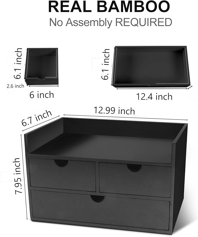 Bamboo Desk Organizer 3 Drawer with Shelf, Countertop Organizer with Drawers Makeup Storage Drawer 3 Drawers Tabletop Storage Organization Box Home Office Workspace（Black）