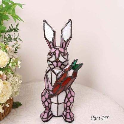 Bieye L10949 Rabbit Holds Carrot Tiffany Style Stained Glass Accent Table Lamp for Home Decor (Pink)