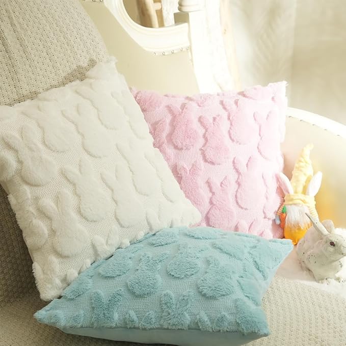 GEEORY Easter Bunny Soft Plush Pillow Covers, 20 x 20 Inch Set of 2, Fluffy Faux Fur Wool Decorative Farmhouse Cushion Case for Sofa Home Decoration Cream GC013-20