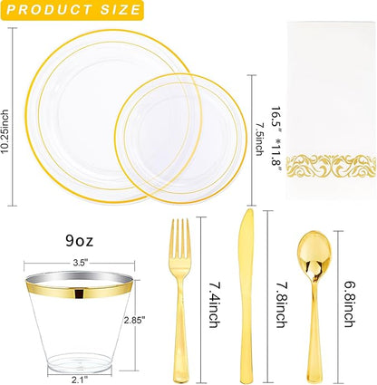 WELLIFE 350Pcs Clear and Gold Plastic Plates for 50 Guests - Disposable Plates for Party, Includes 100 Gold plates,150 Plastic Silverware, 50 Napkins, 50Cups, Disposable Dinnerware Set