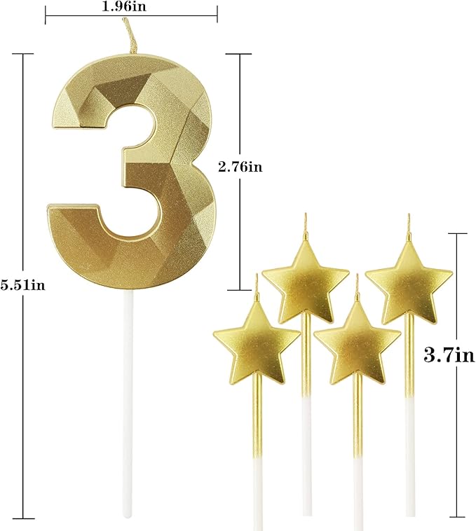 Golden Number 3 Birthday Candles and Star Birthday Candles 2.76 inch Birthday Cake Candles 3D Diamond Shaped Candles are Suitable for Birthday Parties and Anniversary Cake Decorations Candles(Gold 3)