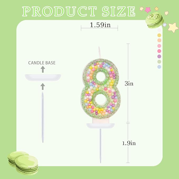 Birthday Candles - Number 8 Candle, Colorful Macaron Candles for Boys/Girls, Green Cake Decorations, Dinosaur Themed Party Supplies