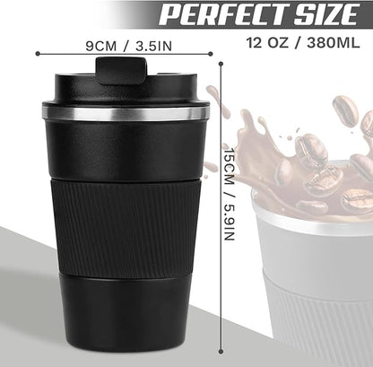 Vacuum-Insulated Stainless Steel Travel Coffee Mug, Leak-Proof Reusable Coffee Cup with Lid - Keep Hot & Cold Drinks for Hours, Durable Insulated Tumbler for Men & Women(3rd-Black, 12OZ)