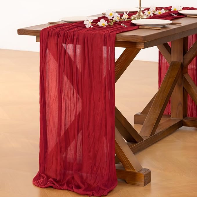 Socomi 3pcs Red Fall Thanksgiving Cheesecloth Table Runner Boho Rustic Gauze 120 inch 10FT Cheese Cloth Runner for Wedding Party Baby Shower Birthday Home Decor Holiday Decorations