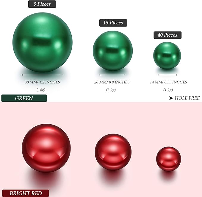 Hicarer 120 Pieces Pearl for Vase Filler Pearl Bead Vase Centerpieces Brush Holder Assorted Round Faux Bead for Crafting, Home Wedding Table Decor 14/20/30 mm(Green, Bright Red)