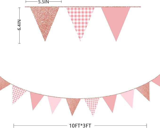 Dusty Rose Pink Buffalo Plaid Rose Gold Party Decorations Pennant Banner Flag Hanging Glitter Paper Triangle Bunting for Women Girls Birthday Baby Shower Wedding Bridal Shower Hen Party Supplies