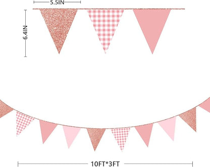 Dusty Rose Pink Buffalo Plaid Rose Gold Party Decorations Pennant Banner Flag Hanging Glitter Paper Triangle Bunting for Women Girls Birthday Baby Shower Wedding Bridal Shower Hen Party Supplies