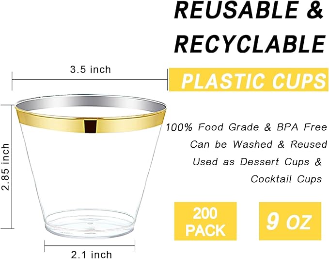 Ciaell 200PCS Gold Plastic Cups - 9Oz Heavy Duty Disposable Clear Plastic Cups with Gold Rim for Wine, Cocktail, Party & Wedding & Thanksgiving