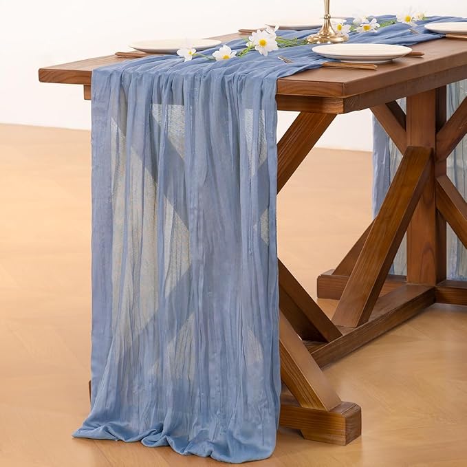 Socomi Dusty Blue Fall Thanksgiving Cheesecloth Table Runner Boho Rustic Gauze 120 inch 10FT Cheese Cloth Runner for Wedding Party Baby Shower Birthday Home Decor Holiday Decorations