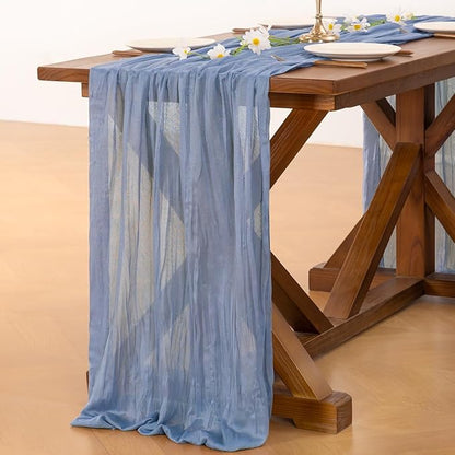 Socomi 10pcs Dusty Blue Fall Thanksgiving Cheesecloth Table Runner Boho Rustic Gauze 120 inch 10FT Cheese Cloth Runner for Wedding Party Baby Shower Birthday Home Decor Holiday Decorations