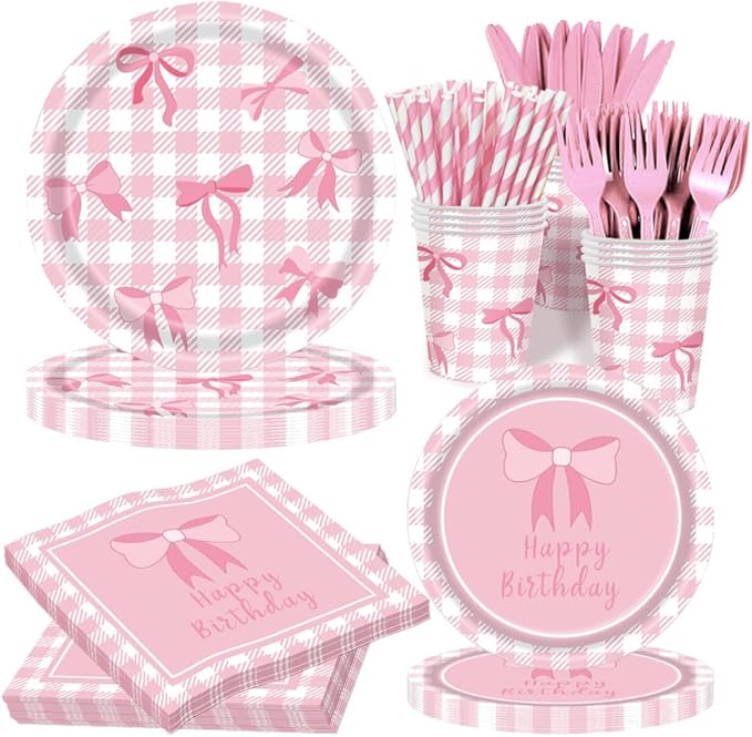 168Pcs Pink Bow Birthday Decorations Party Supplies Include Pink Bow Birthday Plates Napkins Cups Cutlery Straws Bow Theme Tableware Party Supplies for Girls Women, Serves 24