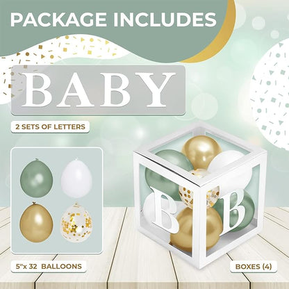 Baby Shower Boxes with Letters – White Boxes with Sage-Green, Gold, Gold Confetti, and White Balloons – 44-Piece Gender Reveal & Party Decoration Set by Vellax