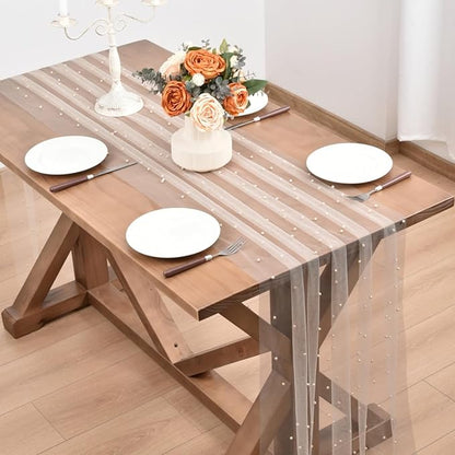 Light Peach Pearl Fall Thanksgiving Table Runner Boho Rustic Tulle Lace Table Runner for Baby Shower Wedding Arch Decor Veil Dessert Table Decor 6pcs