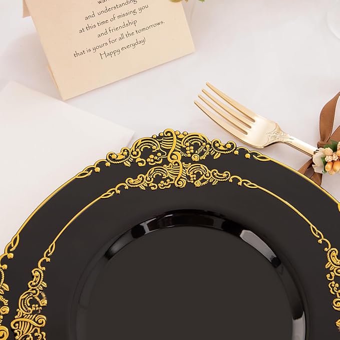 Hioasis 350pcs Black and Gold Plastic Plates - Diposable Dinnerware Set Suitable for 50 Guests Include 10.25" Dinner & 7.5" Dessert Plates, Pre Rolled Silverware Set, Cups for Party & Wedding