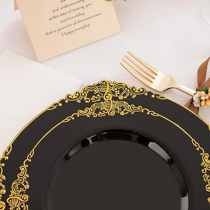 Hioasis 350pcs Black and Gold Plastic Plates - Diposable Dinnerware Set Suitable for 50 Guests Include 10.25" Dinner & 7.5" Dessert Plates, Pre Rolled Silverware Set, Cups for Party & Wedding