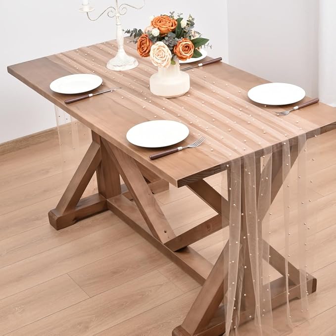 Nude Pearl Fall Thanksgiving Table Runner Boho Rustic Tulle Lace Table Runner for Baby Shower Wedding Arch Decor Veil Dessert Table Decor 3pcs