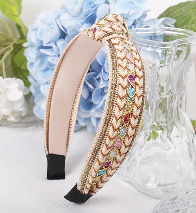 Women's Boho Top Knotted Sequin Braided Headbands for Women Non Slip, Girls Sparkly Wide Hair Accessories Christmas Gift (Boho Brown Wide)