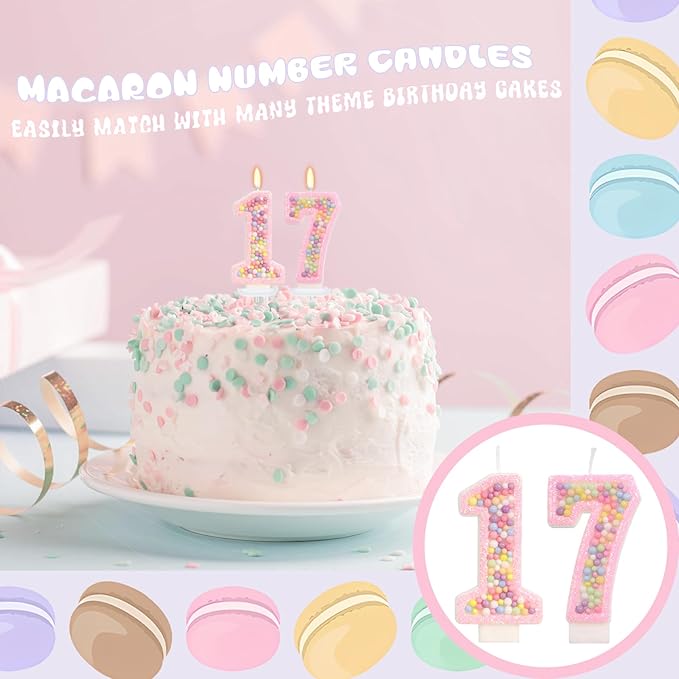 Birthday Candles - Number 17 Candle, Colorful Macaron Candles, 17 Birthday Decorations for Girls, Cake Decorations, Sweet Theme Party Supplies (Pink)