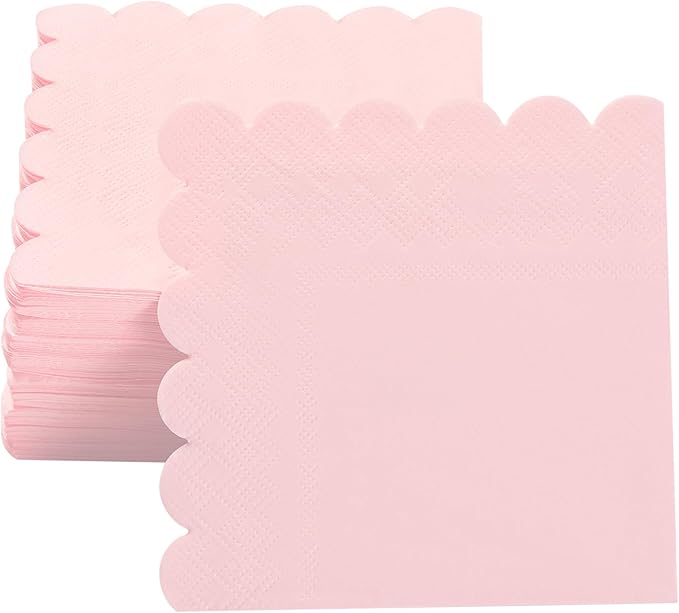 200 Pack Cocktail Napkin 2-Ply Scalloped Edged Dessert Napkins Folded 5 x 5 Inches Disposable Napkins for Dinner Wedding Birthday Party Bridal Anniversary Reception Event (Pink)