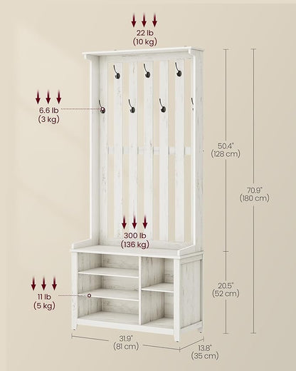 VASAGLE Hall Tree with Bench and Shoe Storage, Coat Rack with Shoe Bench, 7 Double Hooks for Jackets, Hats, Entryway, Bedroom, Living Room, 13.8 x 31.9 x 70.9 Inches, Rustic White UHSR414W01