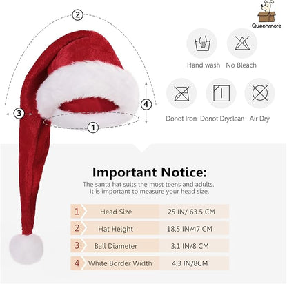 Queenmore Adult's Christmas Santa Claus Hat, Plush Santa Cap, Velvet Headwear, Lined and Fabric-Shedding Resistant