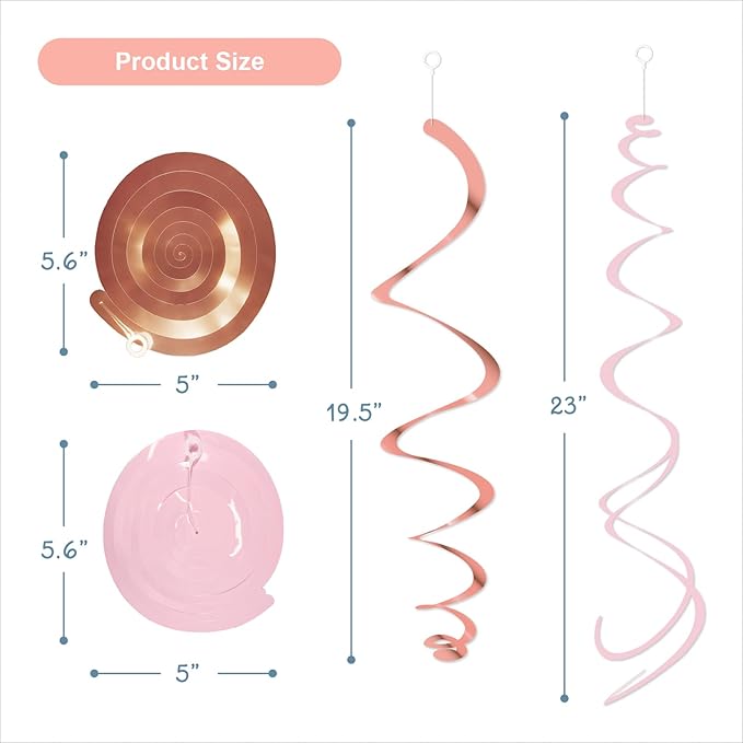 Pink Hanging Swirl Decorations for Party – 42PCS Rose Gold Foil Ceiling Streamers with Hooks for Birthday, Bridal Shower, Bachelorette, Holiday Celebrations