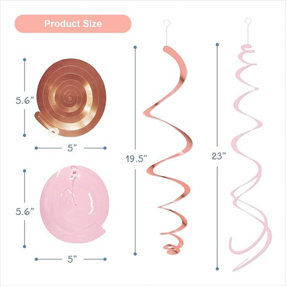 Pink Hanging Swirl Decorations for Party – 42PCS Rose Gold Foil Ceiling Streamers with Hooks for Birthday, Bridal Shower, Bachelorette, Holiday Celebrations