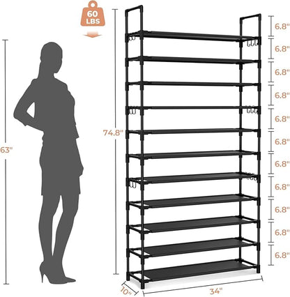 LANTEFUL 11 Tiers Tall Shoe Rack Holds 55 Pairs of Shoes with 18pcs Hooks Sturdy Wide Shoe Organizer Storage Free Standing Metal Shoe Shelf for Closet, Entryway Black
