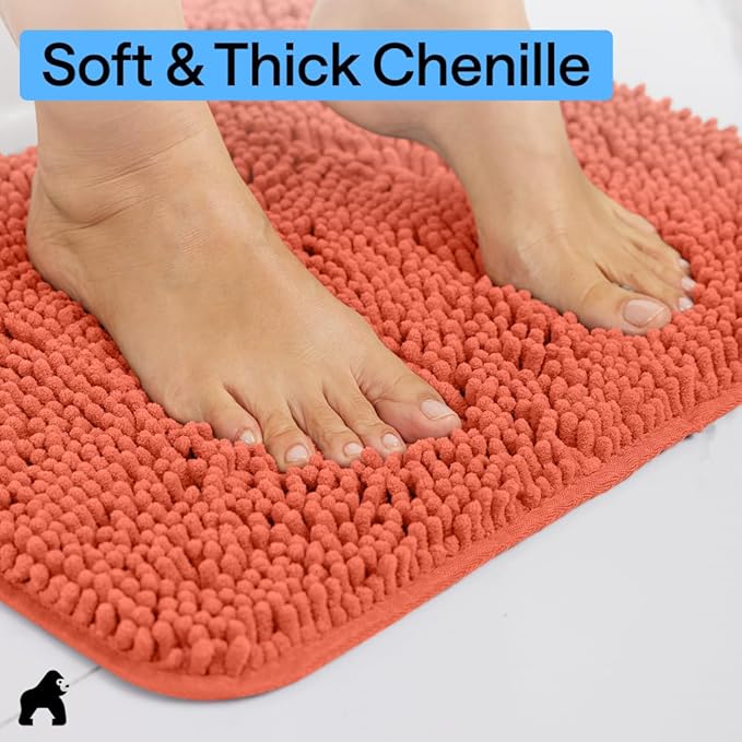 GORILLA GRIP Bathroom Rug Sets, Soft Chenille 2 Piece Area Rugs Set, Toilet Base Mat and 30x20 Carpet, Absorbent Microfiber Washable Mats Dry Quickly, Home Décor and Bath Room Accessories, Coral