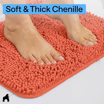 GORILLA GRIP Bathroom Rug Sets, Soft Chenille 2 Piece Area Rugs Set, Toilet Base Mat and 30x20 Carpet, Absorbent Microfiber Washable Mats Dry Quickly, Home Décor and Bath Room Accessories, Coral