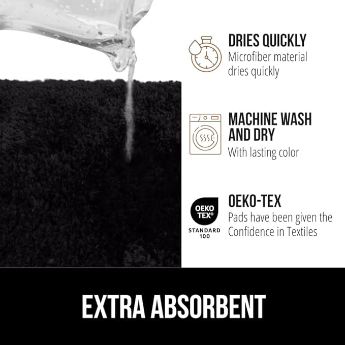 GORILLA GRIP Bathroom Rugs, Ultra Soft Absorbent Mat, Thick Plush Bath Rug, Machine Washable, Microfiber Quick Dry, Mats for Shower, Bathtub and Floor, Home Decor Accessories, 24x17, Black
