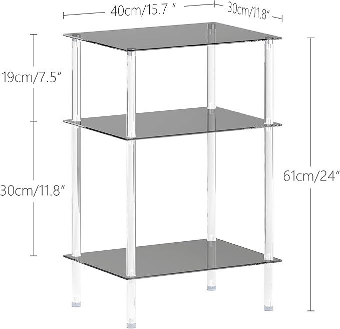 Tempered Glass Side Tables Set of 2 Acrylic End Table with 3 Storage Shelve transparent Bedside simplicity clear 3-Tier Nightstands for small Spaces Office Bedroom Living Room Study black ET-008BK3T